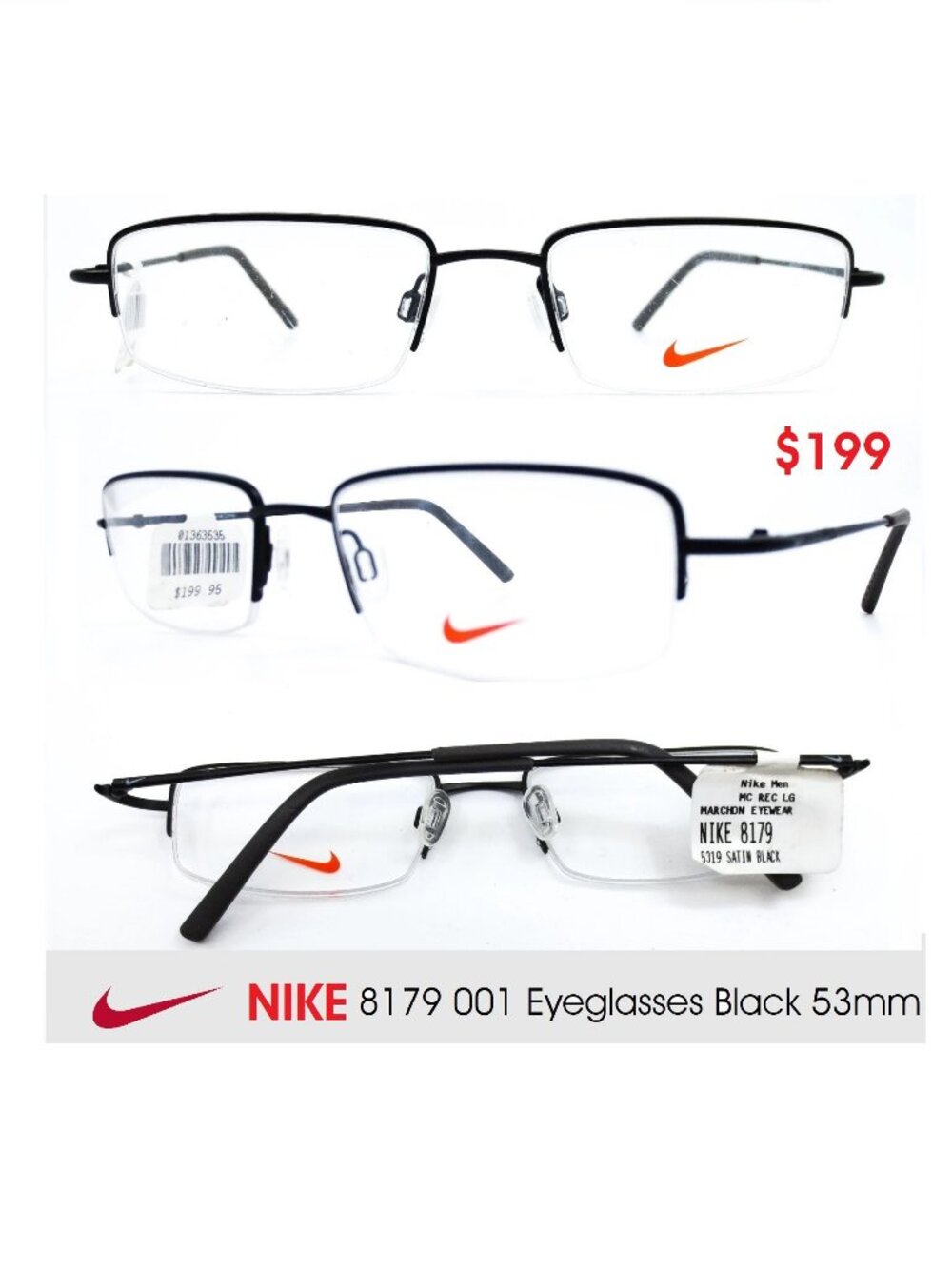 NIKE Eyeglasses Frames 8179 001 Satin Matte Black Half Rim Rectangular 53-19-140